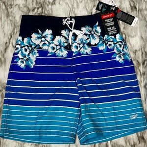 Speedo Men's Blue Floral Striped Swim Shorts Poolside Summer Vacation Resortwear